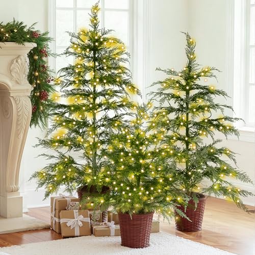 Cinnvoice Christmas 3ft 4ft 5ft Potted Pre-lit Twinkle LED Cypress Norfolk Artificial Christmas...