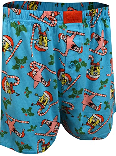 Briefly Stated Mens SpongeBob and Patrick Merry Christmas Boxer Shorts (Medium) Blue2