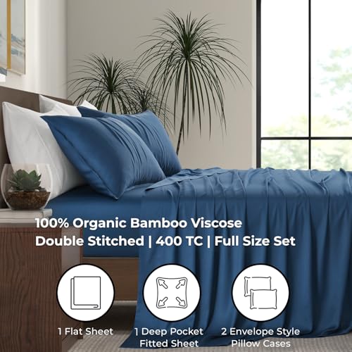 Image of Full Size Sheet Set | 100% Viscose | Organically Grown | Ultra Soft | Cooling Sheets for Hot Sleepers | 17 inch Deep Pocket [Midnight Blue]