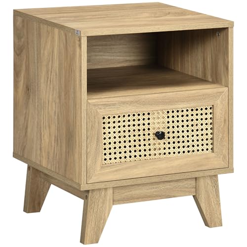 HOMCOM Table de Chevet Table de Nuit Meuble de Rangement avec tiroir Porte cannage et Niche Design Vintage 45 x 39 x 56,5 cm