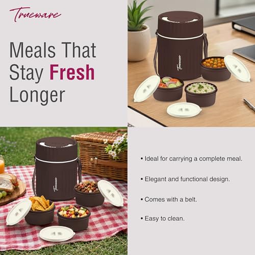 Image of Trueware SNAKK 3 Insulated Hot Lunch Box with 3 PP Container, 3 Container 300 ML Each, Food Grade, BPA Free | Office Lunch Box | Tiffin Box