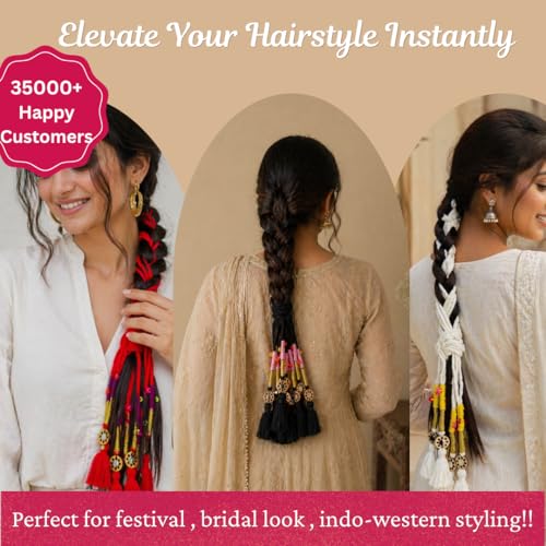 Image of Zippy Flora Handmade Boho Parandi / Paranda Traditional Hair Accessory for Women & Girls | Ethnic Braided Hair Tassels, Choti Hair Extension, Decorative Braid Jewelry for Festive & Wedding Hairstyles (Neelima Black)