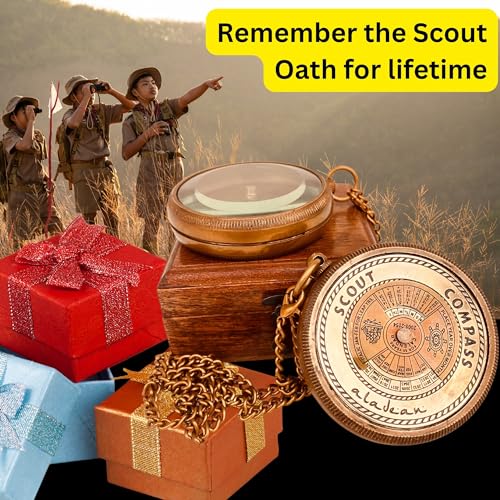 Brújula Scout Compás de Bronce Grabado con Juramento Scout en Caja de Madera, Compás de Camping y Senderismo con Calendario de 50 Años miniatura 5
