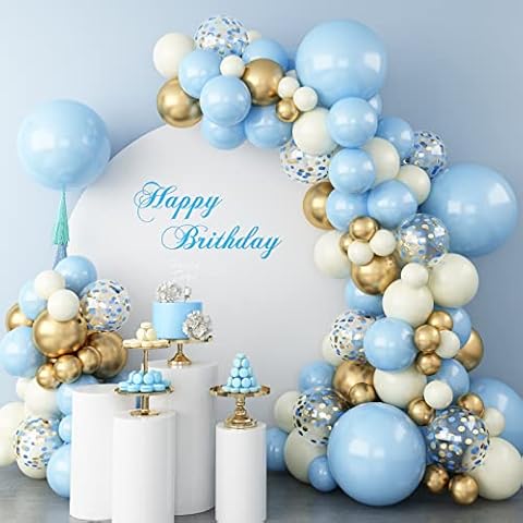 Balloon Arch Kit Blue Gold, 89pcs Baby Blue Cream Balloon Garland with Metallic Chrome Gold Confetti Balloons in 18 12 10 5 Inch for Baby Shower Wedding Kids Boy Birthday Party Decorations Cover
