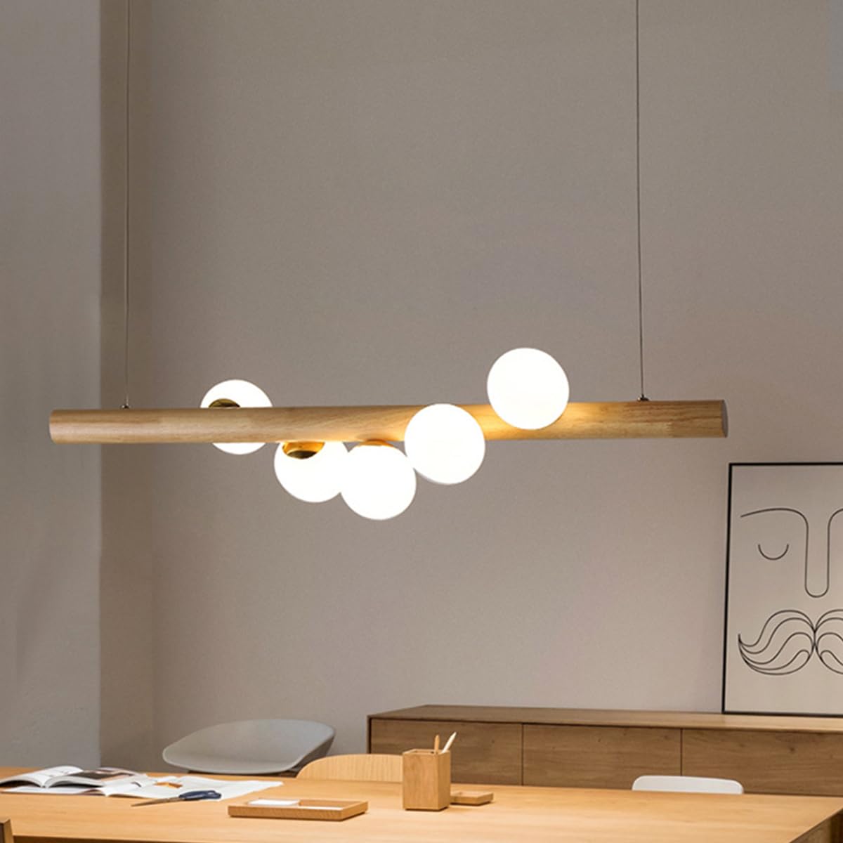 Lampe de cuisine suspendue linéaire bois réglable en hauteur avec ampoule G9