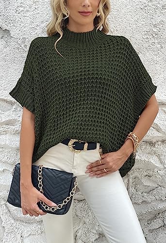Image of Viottiset Womens Oversized Short Batwing Sleeve Mock Neck Sweater Vest Fall Sleeveless Pullover Knit Sweaters