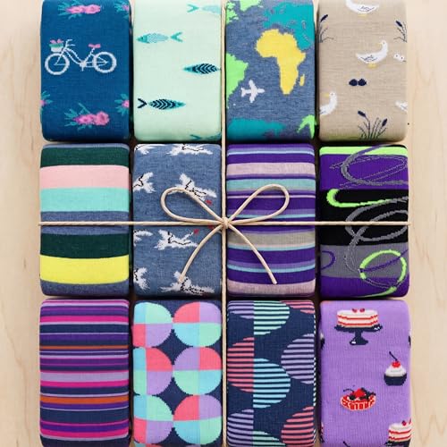 Image of Tipi Toe Women's Fun Patterned Dress Socks, 12-Pack Lightweight Colorful Crew Socks, Casual Novelty Assorted Designs