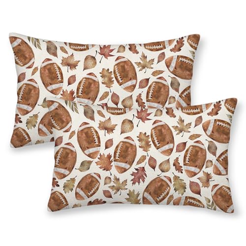Gohdiwh Fall Pillow Covers 12x20 Pack of 2 Orange Football Maple Leaves Pillowcase Thanksgiving Autumn Outdoor Decoration Throw Pillows Linen Holiday Lumbar Fall Decor Cushion Case for Couch Sofa