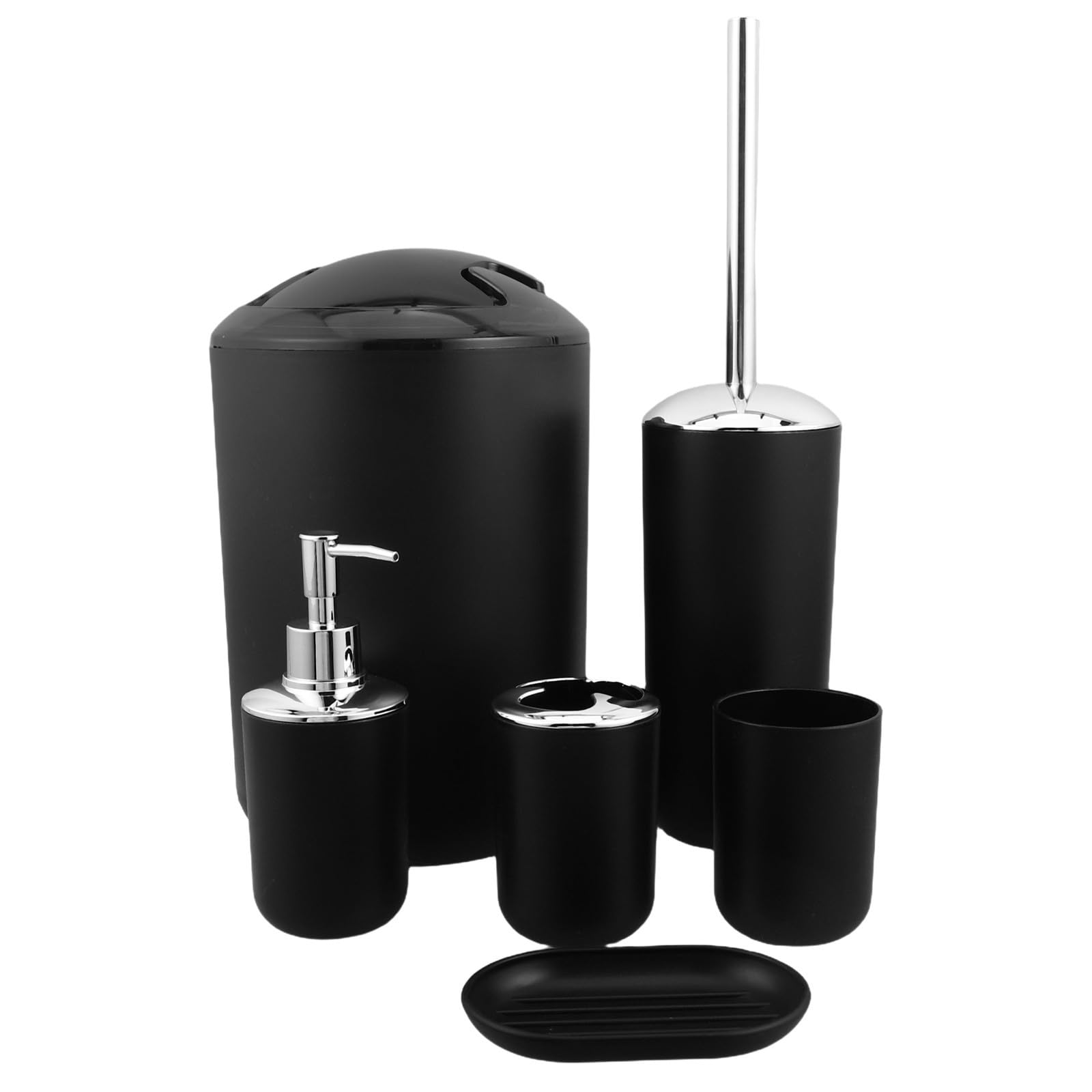 Set de Accesorios de Baño Escobilla de Plástico Negro con Dispensador de Jabón, Porta Cepillos, Jabonera y Papelera para Organizar el Baño