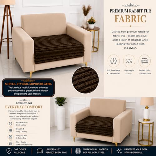 Image of Homerz Premium Rabbit Fur Sofa Cover with Anti-Skid Backing, Soft Plush Fabric Sofa Protector for Living Room Furniture (Brown, 1 Seater, Only Seat Cover)