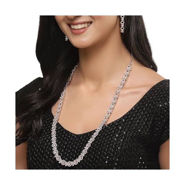 ZENEME Rhodium-Plated Silver Toned Oval American Diamond Long Necklace Earrings Jewellery Set for Girls and Women - Image 4