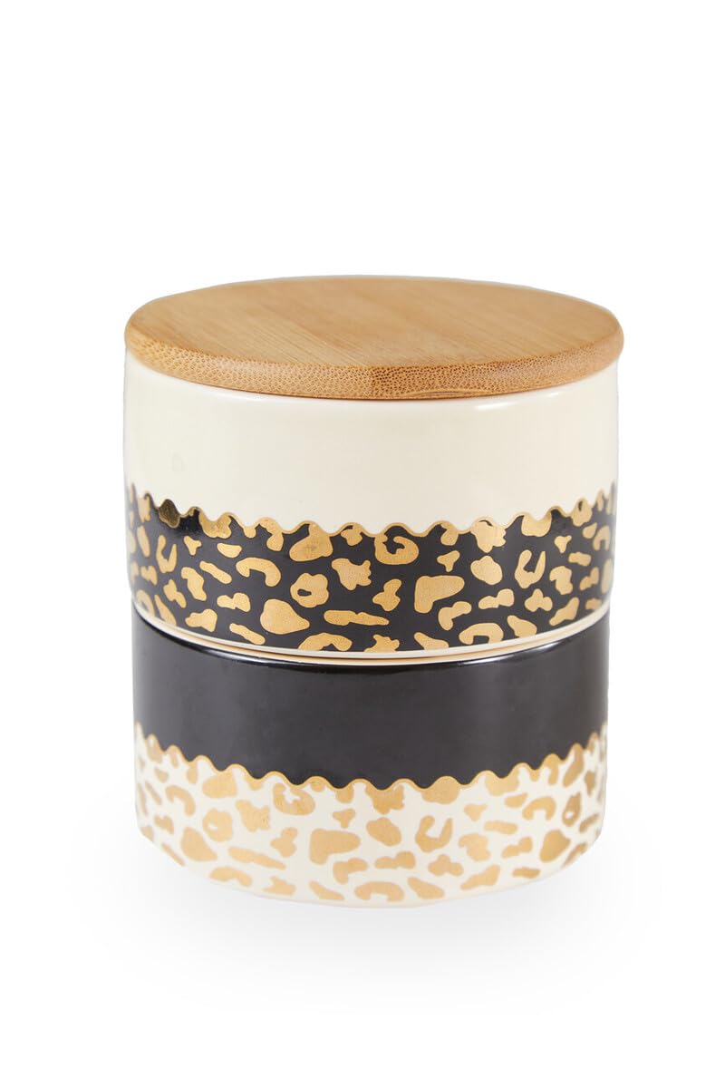 Interiors by Premier Leo Stacking Canister - Ceramic Storage Jar with 2 Stackable Sections - Animal Print - Bamboo Lid