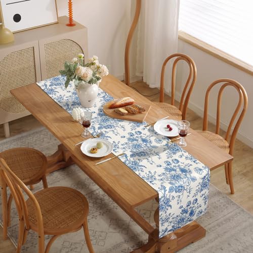 Dremisland Blue Table Runner Farmhouse 95 Inch Retro Monochrome Sketch Rose Table Runner Rustic Table Cover Spring Kitchen Dining Table Decoration for Home Party Decor - Image 4