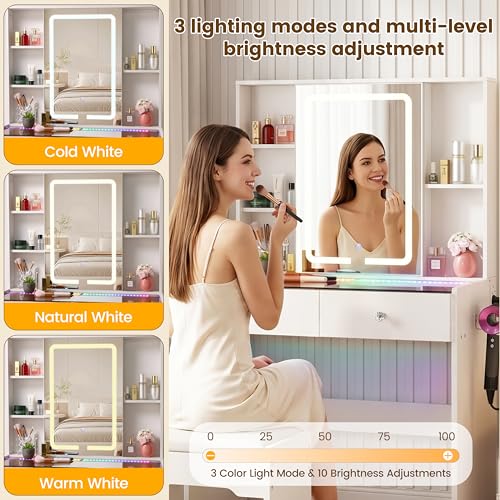 Image of Makeup Vanity Desk with LED Mirror & RGB Lights, White Modern Bedroom Vanity Set Glass Top Vanity Table for Women, Adjustable Brightness & 3 Color Modes, 2 Drawers Storage