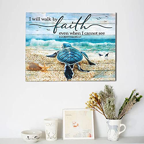 Tourrest Scripture Holy Bible Wall Art Teal Sea Turtle Walk By Faith Canvas Print Quotes Framed Artwork Blue Ocean Beach Coast Scenery Poster Motivational Animal Large Wooden Wall Décor, 16 X 12 In #TOP2