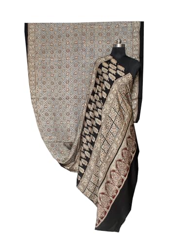 Image of Ethnics of Kutch Womenss Ajrakh Modal Silk Natural Dye Hand Block Print Saree with Blouse Piece - 5.5 Mtr Length