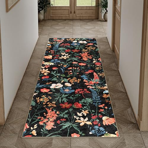 HUGEAR Noir Tapis de Couloir 60x180cm Floral Passage Lavable en Machine Antidérapant Boheme Naturel Fleur Long Carpet Descente de Lit Cuisine Doux Poil Ras Rug
