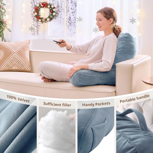 Image of Sasttie Reading Pillow for Bed, Back Pillow for Sitting Up, Greyish Blue | 21 inch Backrest Support Cushion for Couch, Sofa, and Floor, Dorm Essentials, OEKO-TEX, Adjustable Down Alternative Fill