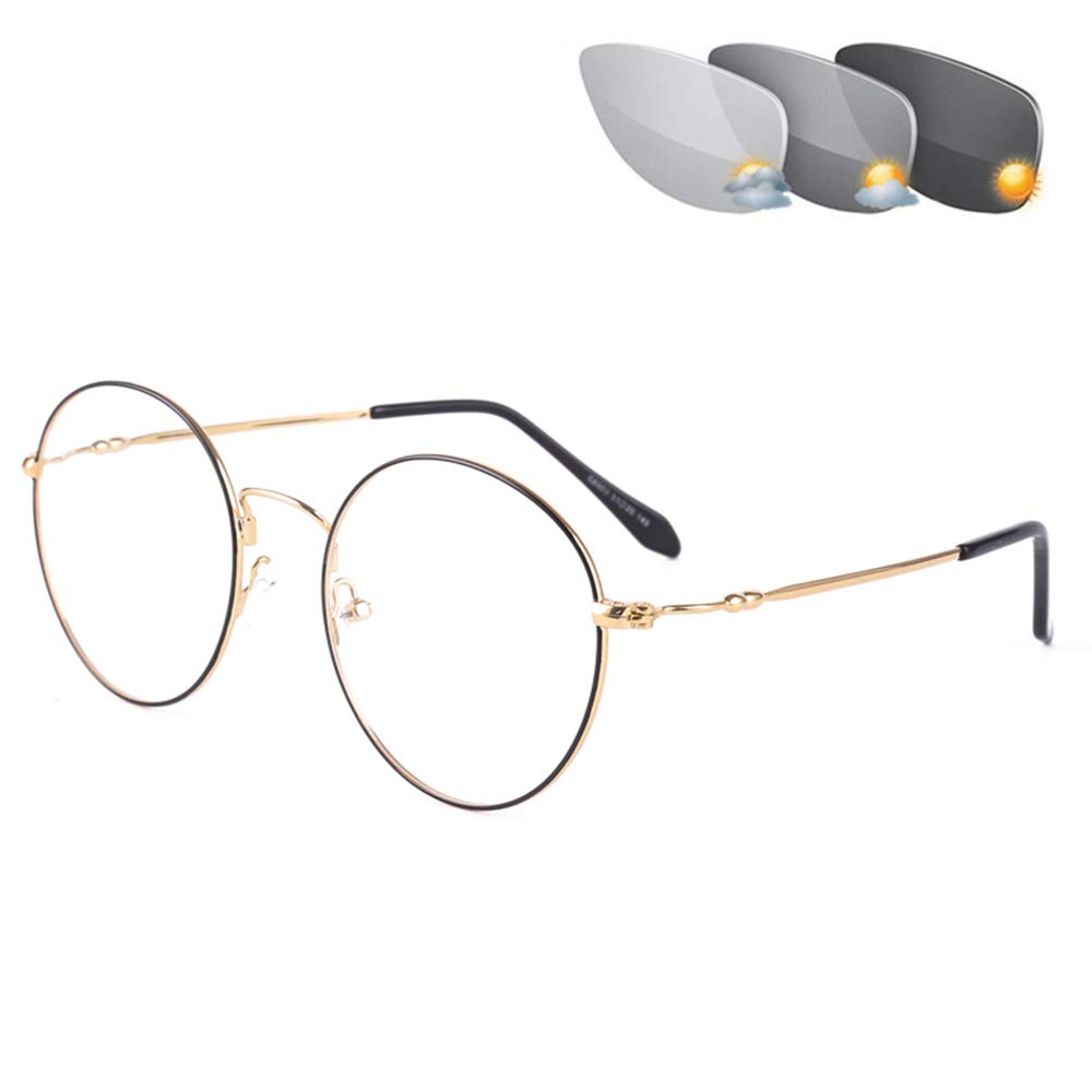 CAOXN Estilo De Metal De Transición Fotocromáticas De Lectura De La Vendimia Marco De Los Vidrios Completa Multifocal Progresiva Gafas para Hombres Y Mujeres,BlackGold,+1.00