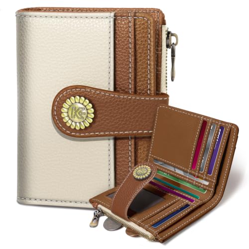 Image of Kelvoris Small Rfid Women Wallet Bifold Zipper Coin Pocket White and Brown | PU Leather Compact Cash Credit Card Holder Travel Purse for Female Ladies Teen Girls 1 ID Window 10 Card Slots
