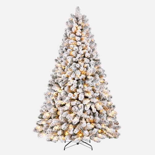 Image of SHareconn 9ft Snow Flocked Spruce Pre-lit Artificial Christmas Tree, White | 550 Warm White Incandescent Lights, 1810 Branch Tips, Foldable Metal Stand, Full Snow Flocked Xmas Tree for Holiday Decor