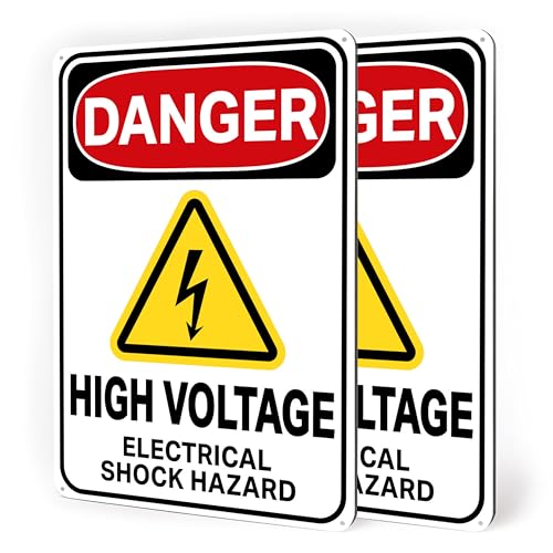 2 PC Reflective Danger High Voltage Sign, 7x10 Aluminum Warning Signs for Property, Electrical Shock Hazard