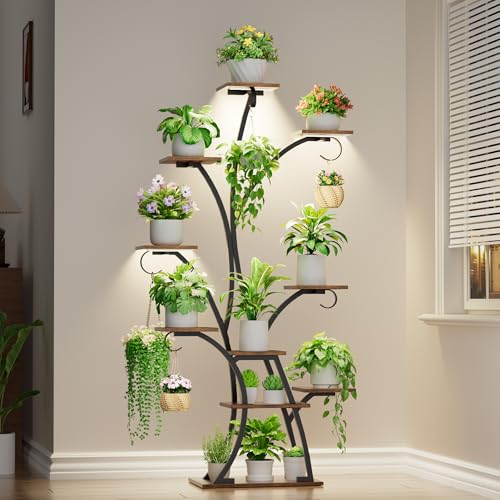 Image of Plant Stand Indoor with Grow Lights - Lighted Plant Shelf Indoor, 64 inch Tall Corner Plant Stands for Indoor Growing, 10 Tier Flower Display Shelf, Large Tree-Shaped Holder for Home, Living Room, Black