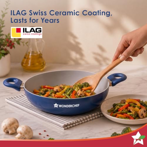 Image of Wonderchef Natura Ceramic Kadhai & Glass Lid for Cooking, 24cm, 2.5L, Non-Toxic Chemical-Free Coating, PFOA /PFAS-Free, Scratch-Resistant, Gas & Induction Compatible, 2-Yr Warranty, Teal Blue