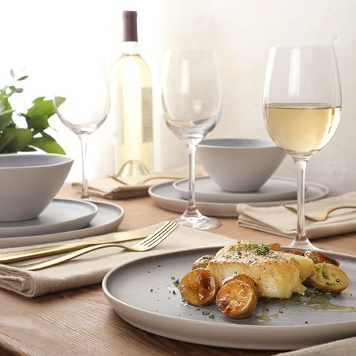 Image of Gibson Elite Coastal Forest Plates and Bowls Sets, 12-Piece Stoneware Dinnerware Sets, Triple Reactive Glaze Dish Set - Light Grey and Cream White