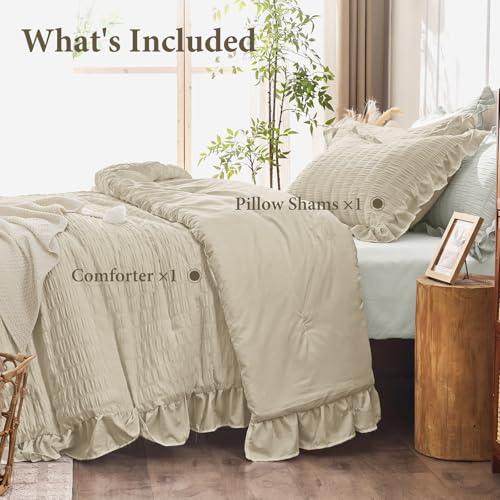Image of JOLLYVOGUE Twin /Twin XL Comforter Set, 2 Pieces Linen Seersucker Lightweight Fluffy Bedding Set, Twin Ruffle Comforter, All Season Soft Microfiber Shabby Chic Bed Set