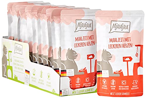 MjAMjAM - Premium Nassfutter für Katzen - Quetschie - Mahlzeit mit leckeren Herzen & Premium Nassfutter für Katzen - Quetschie - saftiges Huhn an leckeren Möhrchen, 12er Pack (12 x 125 g)