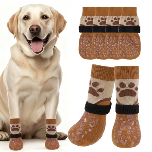 Image of Mihachi Anti Slip Dog Socks, Dog Boots for Hot /Cold Pavement for Hardwood Floors Prevent Licking, Traction Control Waterproof Rubber Sole Paw Protectors for Small Medium Large Senior Dogs, Khaki XL