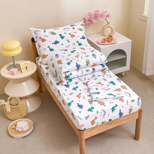 Image of Caressma Toddler Bedding Set Dinosaur Pattern Nursery Comforter for Kids | Cartoon Print 4 Pieces Toddler Bed In A Bag, White Bed Set With Comforter, Fitted Sheet, Flat Sheet & Pillowsham