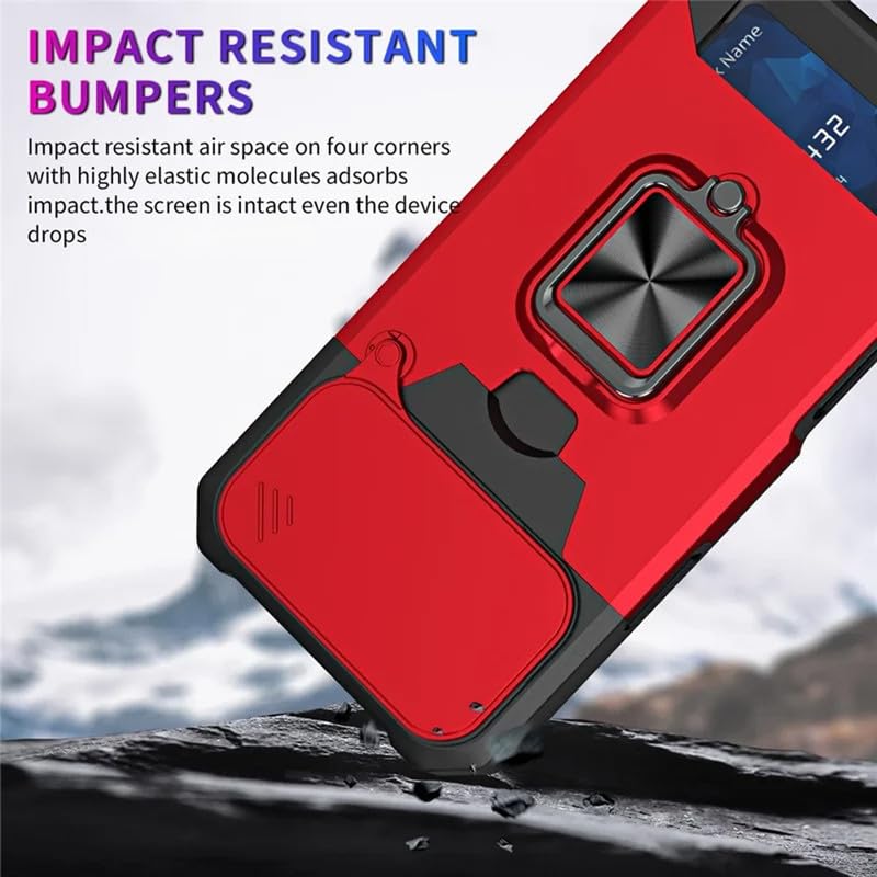 Image of LuxuryKase Shockproof Armor Case for iPhone 17 Pro | Slide Camera Cover | Hidden Card Slot | Rotating Ring Kickstand | Magnetic Car Mount Support | Military Grade Protection - Red
