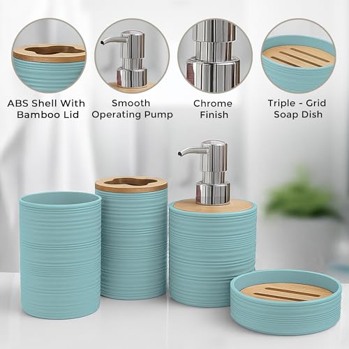 Image of Story@Home 4 Pieces Bathroom Accessories Set - Teal | Toothbrush Holder, Soap Dispenser, Mouth Wash Cup & Soap Dish for Home Kitchen & Bathroom | Bathroom Essentials for Office