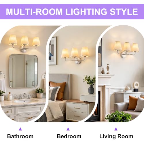Image of Bathroom Light Fixtures 22 inch 3-Light Vanity Light Brushed Nickel | Farmhouse Bathroom Lights, Beige Wavy Fabric Shade, Dimmable Vanity Lighting Fixtures for Mirror Bedroom Living Room Hallway