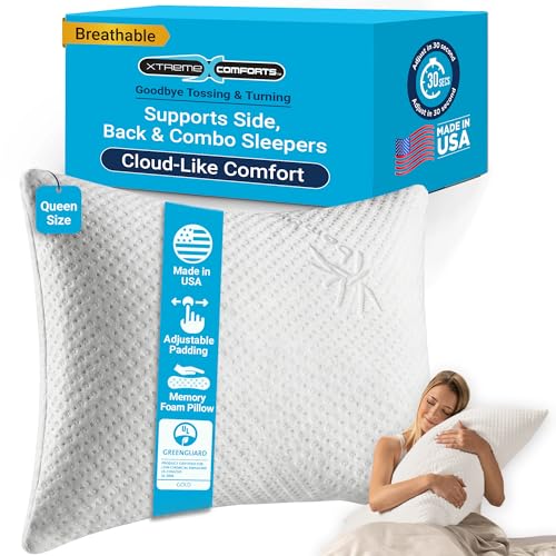 Xtreme Comforts Shredded Memory Foam Pillow- Allergy-Friendly & Cooling Pillow Cover for Side, Back & Stomach Sleepers- Machine Washable - Foam Pillows for Sleeping & Neck Pain Relief (Queen)