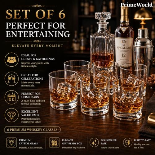 Image of PrimeWorld Mexico Crystal Whiskey Glasses Set of 6 pcs- 300 ml Bar Glass for Drinking Bourbon, Whisky, Scotch, Cocktails, Cognac- Old Fashioned Cocktail Tumblers