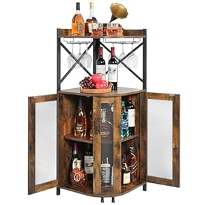 JKsmart Corner Bar Cabinet with Glass Holder,Industrial Wine Cabinet with Mesh Door,4-Tier Wine Cabinet with Open Shelf,Farmhouse Home Bar for Liquor and Wine Storage,Rustic Brown