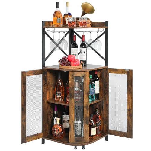 JKsmart Corner Bar Cabinet with Glass Holder,Industrial Wine Cabinet with Mesh Door,4-Tier Wine Cabinet with Open Shelf,Farmhouse Home Bar for Liquor and Wine Storage,Rustic Brown