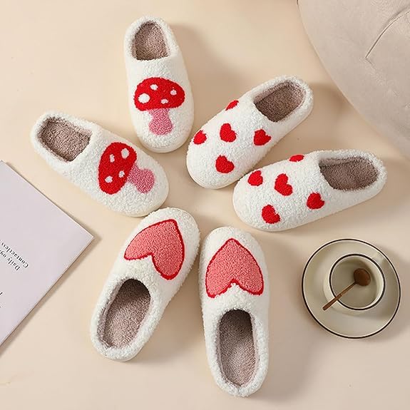Image of Women's Men's Happy Face Heart-shaped Cat Slippers - Retro Leopard Print, Memory Foam, Soft Plush, Warm, Anti-Slip Home Shoes