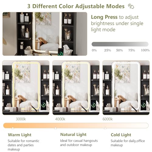Image of HUANLEGO Small Black Vanity Desk with Mirror and Lights for Women Girls | Vanity Mirror with Lights, 3 Lighting Adjustable, LED Light Strips, Built-in Power Outlet, Compact Dressing Table For Girls
