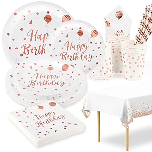 Assiette Jetable Anniversaire Blanche et Or Rose,16 Invités Vaisselle Jetable Anniversaire Blanc Or Rose Assiettes Carton Gobelets Serviettes Nappe Assiette Anniversaire Fille Femme Cover