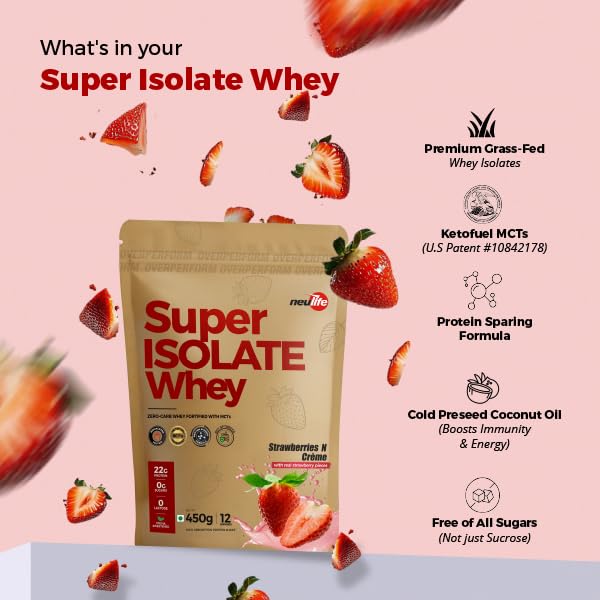 Image of Neulife Super Isolate Whey Protein 450 g | Max Absorption Protein Shake with Patented Ketofuel MCTs | Strawberries & Creme with Real Fruit