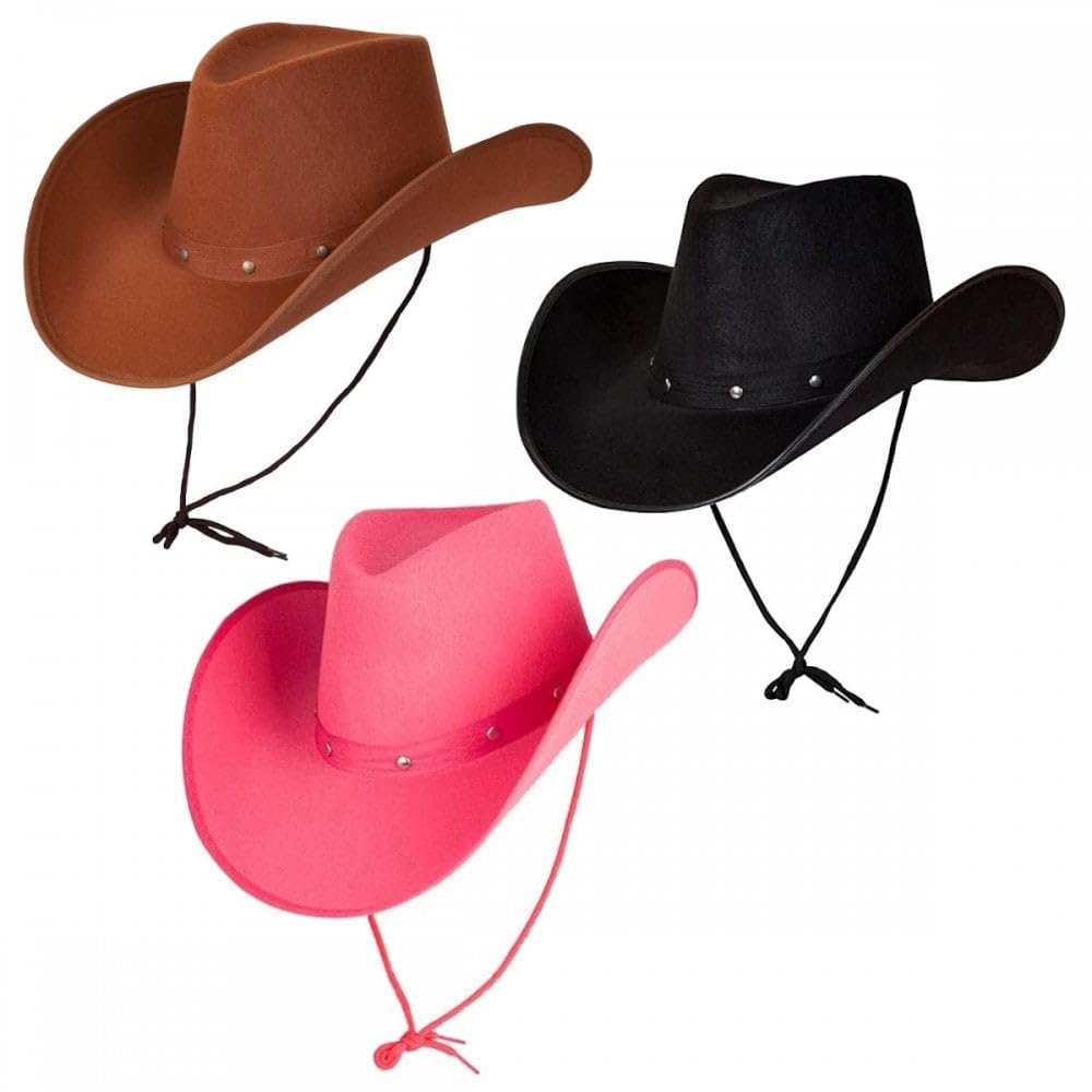 Titch & Timbo Texan Cowboy Cowgirl Hat 3 Pack (Multiple Options) : Adult Unisex Fancy Dress Party Accessory Country Western Rancher Rodeo Wild West Music Festival (Brown/Hot Pink/Black)