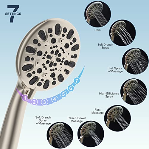 All Metal Shower Head, 10'' High Pressure Rainfall Shower Head/Handheld Showerhead Combo/ 12'' Adjustable Curved Shower Extension Arm, 7-Spray, 71'' Hose, Adhesive Showerhead Holder, Brushed Nickel #TOP4