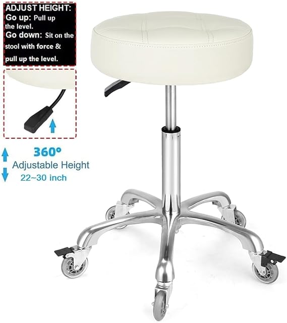 Adjustable Heavy Duty Stool - Rolling Stools with Locking Caster Wheels - Swivel Stools Backless Chair for Home Kitchen Office Shop Tattoo Lash Tech Pedicure(Off White, Height 56 to 76 cm)