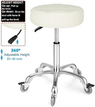 Adjustable Heavy Duty Stool - Rolling Stools with Locking Caster Wheels - Swivel Stools Backless Chair for Home Kitchen Office Shop Tattoo Lash Tech Pedicure(Off White, Height 56 to 76 cm)