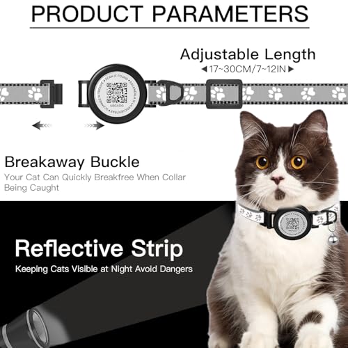 Image of Waterproof Airtag Cat Collar with QR TAG & Reflective, Footprints Pattern, Lightweight Kitten Collar for Apple AirTag, Hidden GPS Tracker Holder for Cats, Kittens (Black)(7-12 inch)
