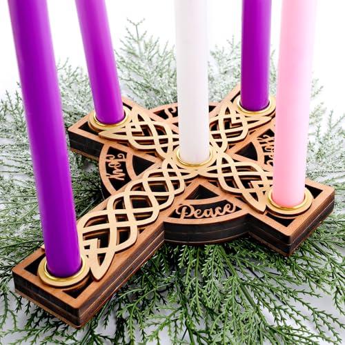Shellwei Christmas Advent Wreath Candle Holder, Cross Shaped Nativity Candle Holder with Celtic Knot for Christmas Table Centerpiece Decorations Religious Gift(Wood,Wood Color)